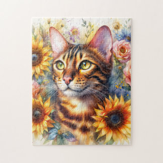 Bengal-Katze Florale Wasserfarbe Puzzle