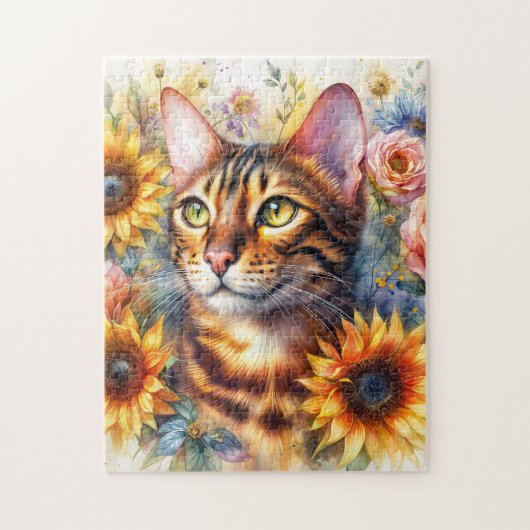 Bengal-Katze Florale Wasserfarbe Puzzle (Vertikal)