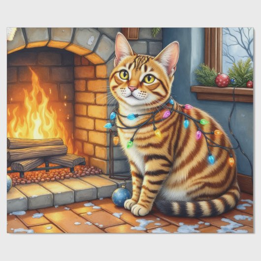 Bengal-Katze Kamin mit Weihnachtslichtern Geschenkpapier (Flach)
