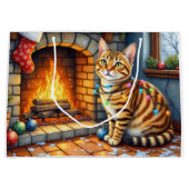 Bengal-Katze Kamin mit Weihnachtslichtern Große Geschenktüte (Vorderseite)