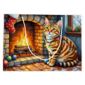 Bengal-Katze Kamin mit Weihnachtslichtern Große Geschenktüte (Rückseite)