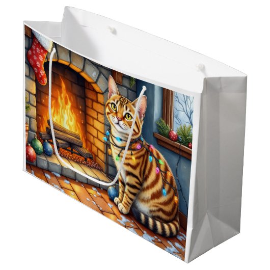 Bengal-Katze Kamin mit Weihnachtslichtern Große Geschenktüte (Vorderseite Schrägansicht)