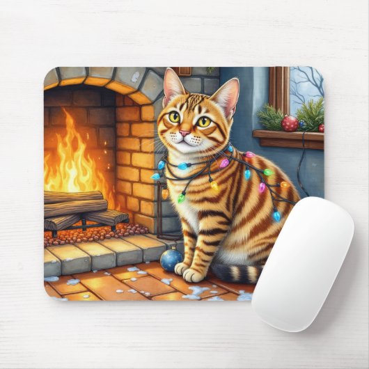 Bengal-Katze Kamin mit Weihnachtslichtern Mousepad (Mit Mouse)