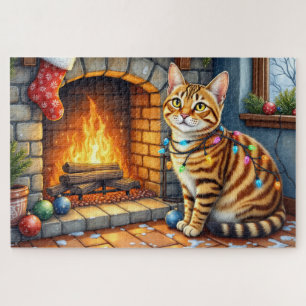 Bengal-Katze Kamin mit Weihnachtslichtern Puzzle