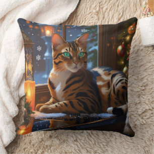 Bengal-Katze mit Weihnachtslichtern Feiertag Kissen