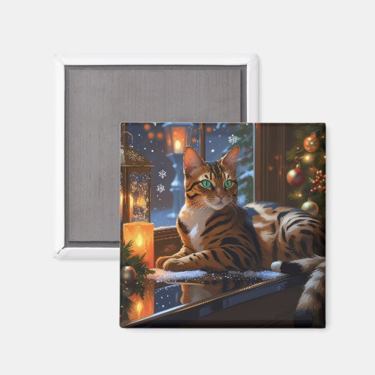 Bengal-Katze mit Weihnachtslichtern Feiertag Magnet (Vorderseite/Rückseite)