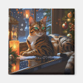 Bengal-Katze mit Weihnachtslichtern Feiertag Magnet (Vorne)
