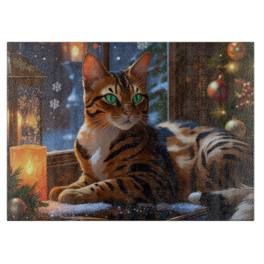 Bengal-Katze mit Weihnachtslichtern Urlaub Schneidebrett (Vorderseite)