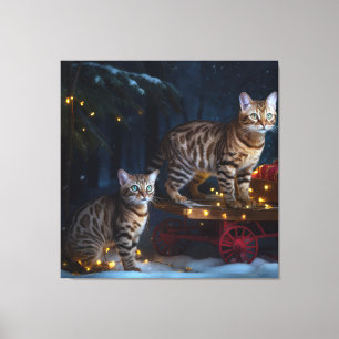 Bengal-Katze Schneebedeckte Schlittenfahrt Weihnac Leinwanddruck