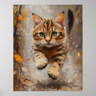 Bengal-Katze springt durch herbstliche Flüstern Poster