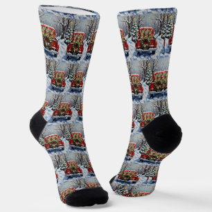 Bengal-Katze-Weihnachten-Roter-LKW-Urlaub Socken