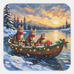 Bengal-Katze-Weihnachtsboot-Feiertag Quadratischer Aufkleber