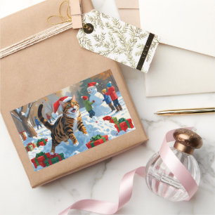 Bengal-Katze Weihnachtsfestliche Schneeszene Rechteckiger Aufkleber
