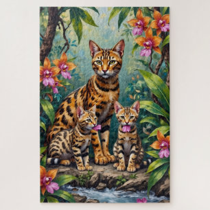 Bengal-Katzen-Dschungel-Orchideen-Kunst Puzzle
