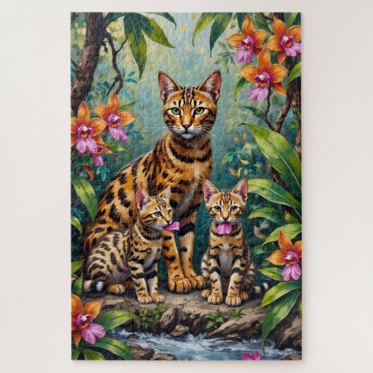 Bengal-Katzen-Dschungel-Orchideen-Kunst Puzzle (Vertikal)