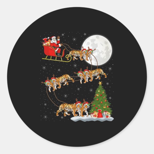Bengal Tiger Santa Sleigh Flying Funny Magical Chr Runder Aufkleber (Vorderseite)