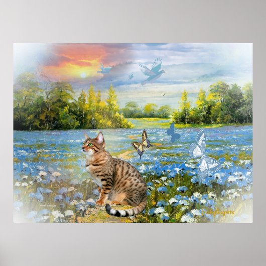 Bengalisch im Bett blauer Blumen Printwerbung Poster (Vorne)