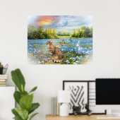 Bengalisch im Bett blauer Blumen Printwerbung Poster (Heimbüro)