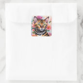 Bengalische Cat Floral Art Quadratischer Aufkleber (Tasche)