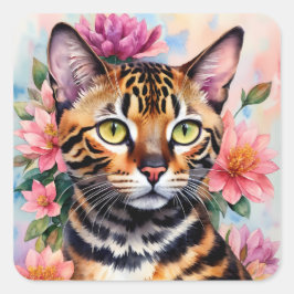 Bengalische Cat Floral Art Quadratischer Aufkleber