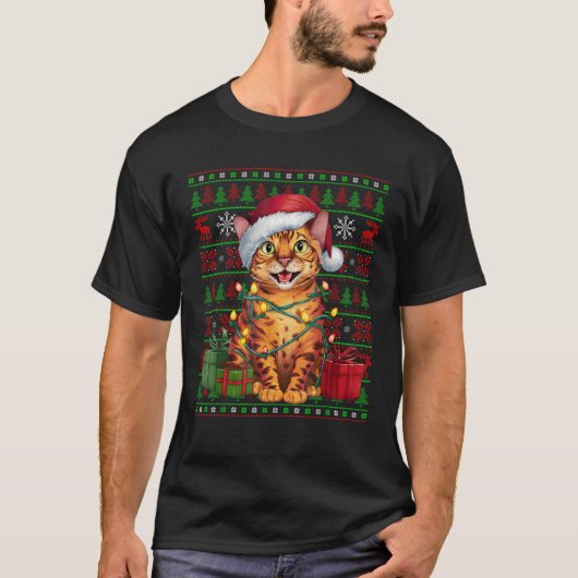 Bengalische Cat Xmas Lights Ugly Weihnachtsmannmüt T-Shirt (Vorderseite)