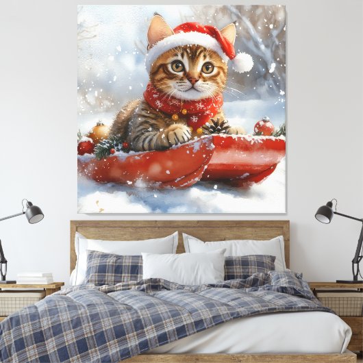 Bengalische Katze in Sledge Let it Schnee Weihnach Leinwanddruck (Insitu (Schlafzimmer))