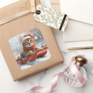 Bengalische Katze in Sledge Let it Schnee Weihnach Quadratischer Aufkleber