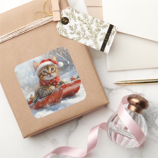 Bengalische Katze in Sledge Let it Schnee Weihnach Quadratischer Aufkleber (Schenken)