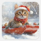 Bengalische Katze in Sledge Let it Schnee Weihnach Quadratischer Aufkleber (Vorderseite)