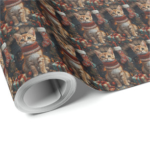Bengalische Katze mit Weihnachtsgeschenken Kamin Geschenkpapier
