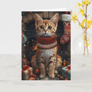 Bengalische Katze mit Weihnachtsgeschenken Kamin Karte
