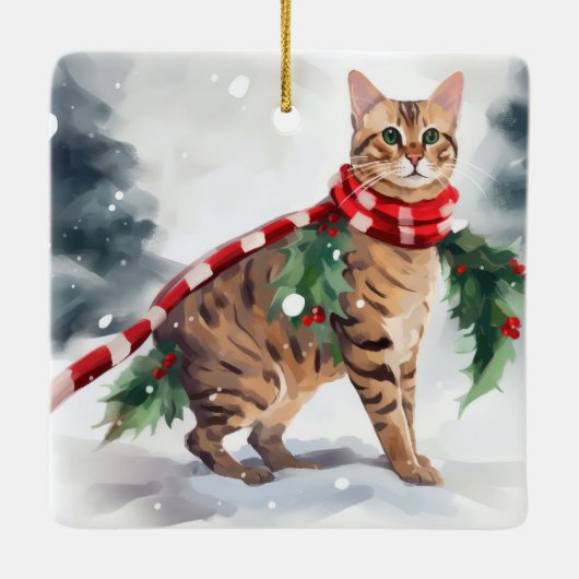 Bengalische Katze zu Schnee Weihnachten Keramikornament (Rückseite)