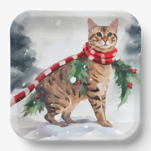 Bengalische Katze zu Schnee Weihnachten Pappteller (Vorderseite)