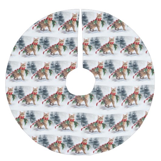 Bengalische Katze zu Schnee Weihnachten Polyester Weihnachtsbaumdecke (Vorderseite)