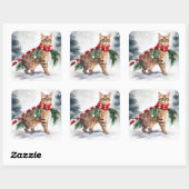 Bengalische Katze zu Schnee Weihnachten Quadratischer Aufkleber (Blatt)