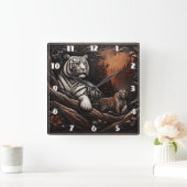 Bengalische Tiger-Familie unter Waldblättern Quadratische Wanduhr (Zuhause)