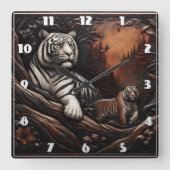 Bengalische Tiger-Familie unter Waldblättern Quadratische Wanduhr (Vorderseite)