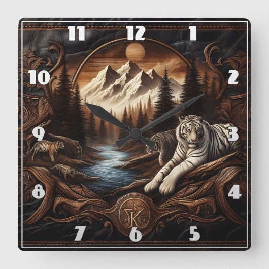 Bengalische Tiger in der Nähe des Bergstroms Quadratische Wanduhr (Vorderseite)