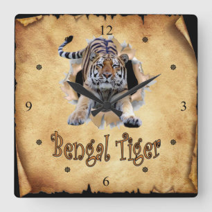 Bengalischer Tiger bricht durch Papiertaschenzange Quadratische Wanduhr