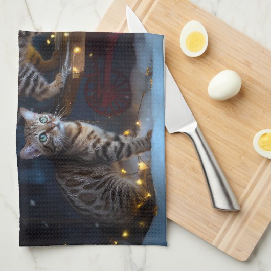 Bengalisches Cat Snowy Sleigh Ride Weihnachtsdekor Geschirrtuch (Viertel Falte)