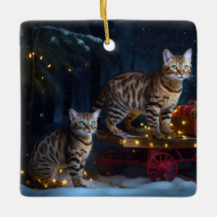 Bengalisches Cat Snowy Sleigh Ride Weihnachtsdekor Keramikornament