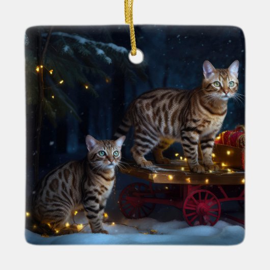 Bengalisches Cat Snowy Sleigh Ride Weihnachtsdekor Keramikornament (Vorderseite)