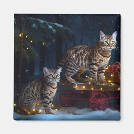 Bengalisches Cat Snowy Sleigh Ride Weihnachtsdekor Magnet (Vorne)