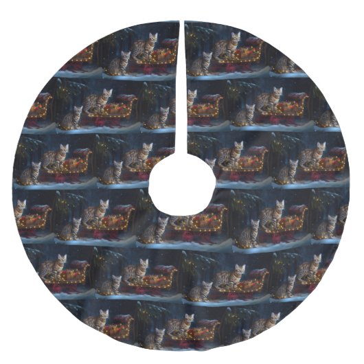 Bengalisches Cat Snowy Sleigh Ride Weihnachtsdekor Polyester Weihnachtsbaumdecke (Vorderseite)