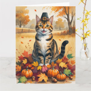 Bengalkatze in Herbstlaub Erntedank Kunst Karte