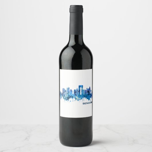 Benidorm Spain Skyline Blue Weinetikett (Vorderseite)