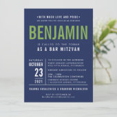 BENJAMIN BAR MITZVAH marineblaue grüne Einladung (Stehend Vorderseite)