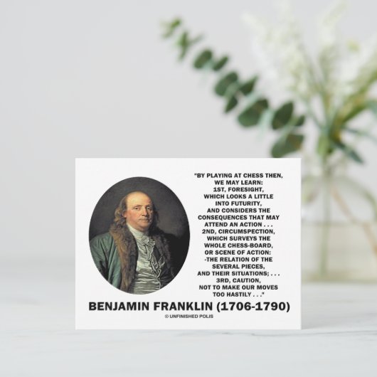 Benjamin Franklin Zitat zum Thema Schachvorsicht Postkarte (Stehend Vorderseite)