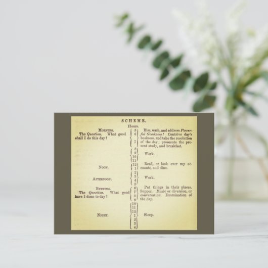 Benjamin Franklins Routineplan Postkarte (Stehend Vorderseite)