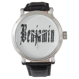 Benjamin, Name, Logo, Big Black Leather Watch Armbanduhr
